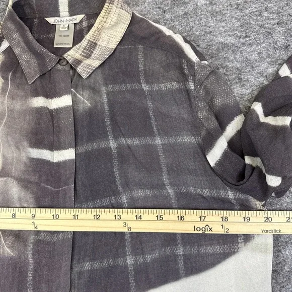 John Mark tunic top women's small gray tan neutral geometric silky boho artsy - Picture 7 of 9